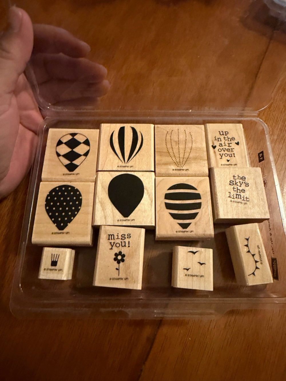 Stampin Up Up Up & Away Wood‎ Mount Rubber Stamp Set 14 Piece Hot Air Balloon